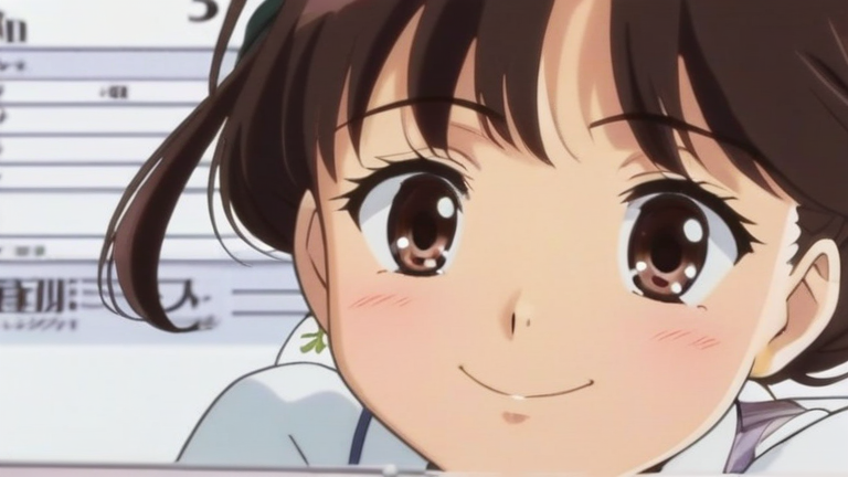 cute anime girl explaining tax documents with a confident smile, pointing to a calculation sheet