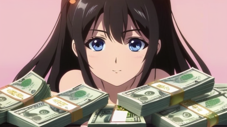 beautiful anime girl looking at two separate piles of money, one labeled "総合課税" and the other "分離課税", showing understanding