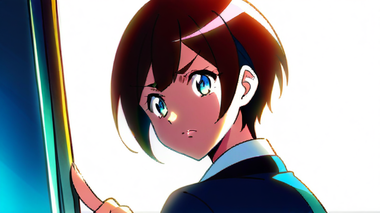 cute anime girl explaining, holding a pen and pointing to a whiteboard with a serious but helpful expression