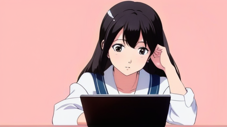 cute anime girl thinking hard, calculating on a tablet, serious but determined expression