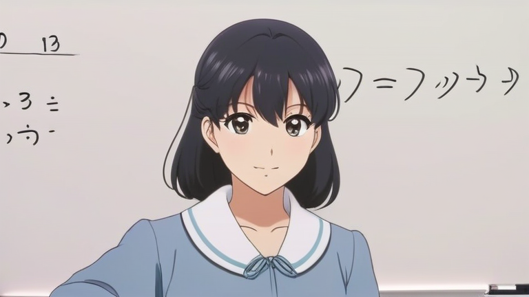 cute anime girl explaining with a confident smile, pointing at a whiteboard with simple diagrams