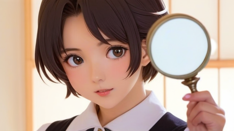 cute anime girl holding a magnifying glass, looking at a small craft item, intrigued expression