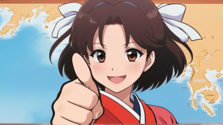 cute anime girl giving a thumbs up, happy and confident smile, standing next to a map of Japan