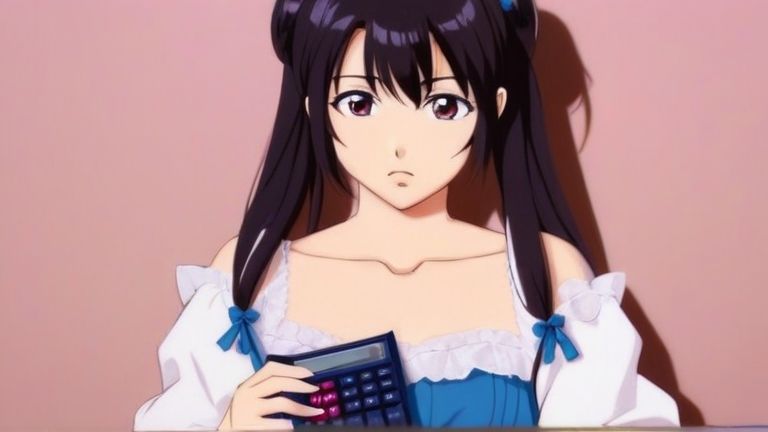 beautiful anime girl looking troubled, thinking pose, holding a calculator