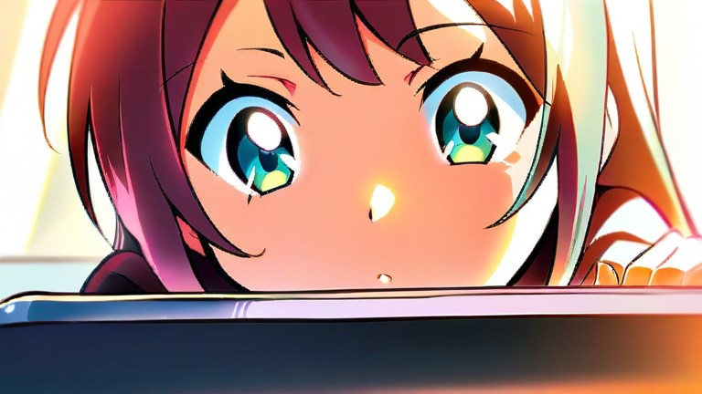 cute anime girl searching on a tablet with a focused expression, surrounded by food items