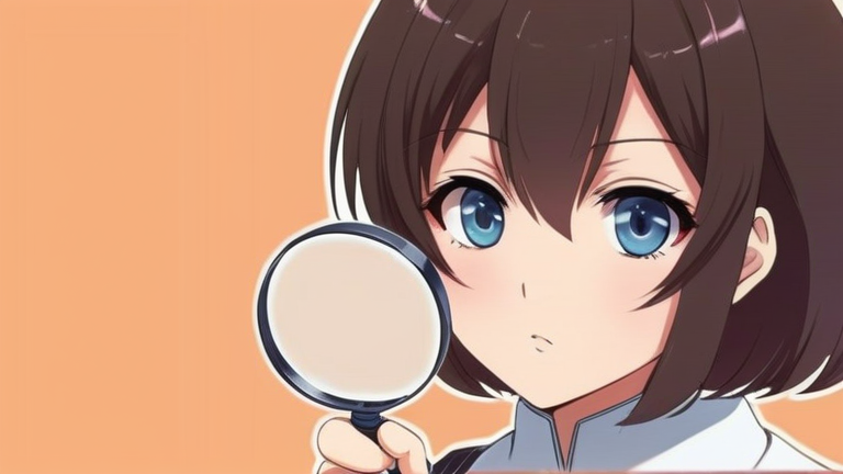 cute anime girl holding a magnifying glass, serious expression, analyzing documents