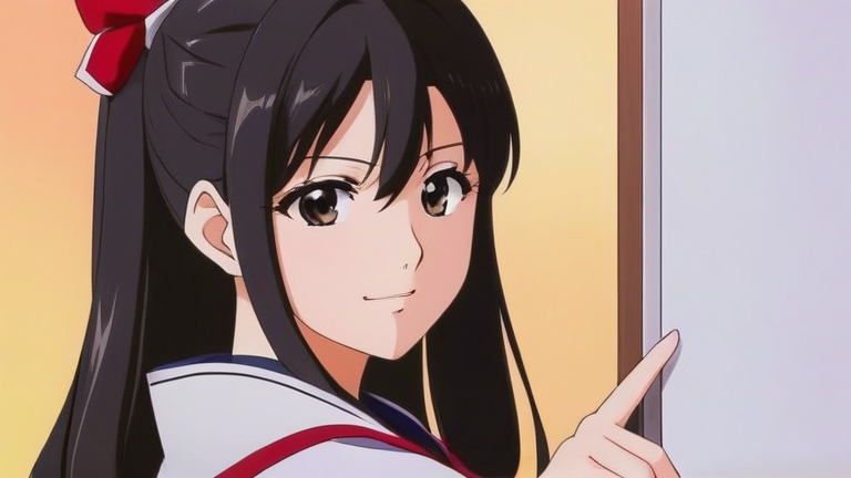 beautiful anime girl looking determined, pointing at a comparison table, confident smile