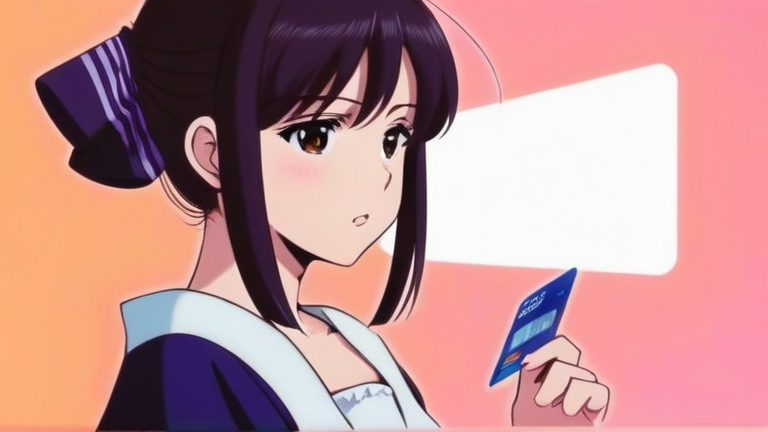 beautiful anime girl looking troubled, thinking pose, holding a credit card