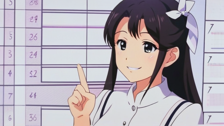 cute anime girl explaining something clearly, with charts in the background, confident smile