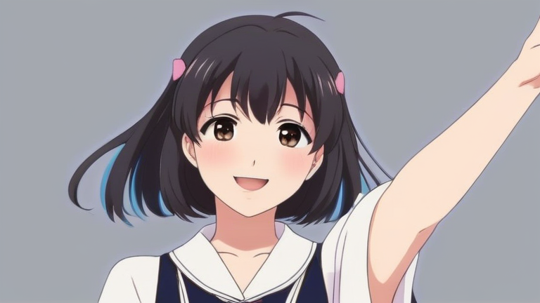 cute anime girl pointing upwards with a confident and happy smile, suggesting a good idea