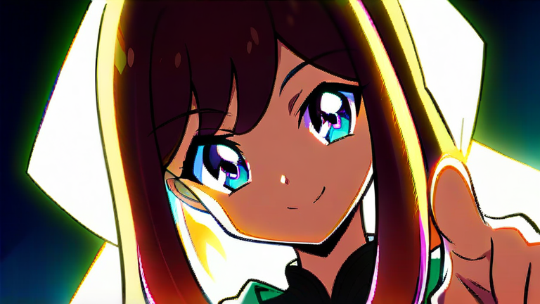 cute anime girl holding a smartphone, happy smile, pointing finger