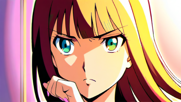 beautiful anime girl looking troubled, thinking pose, holding a credit card