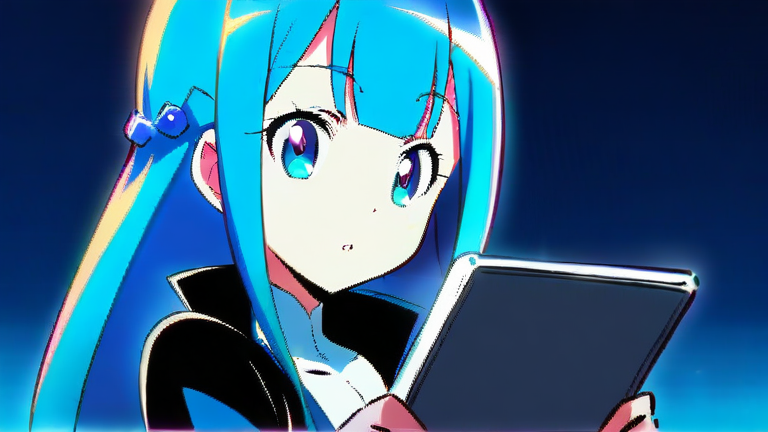 cute anime girl explaining, holding a tablet, happy and confident