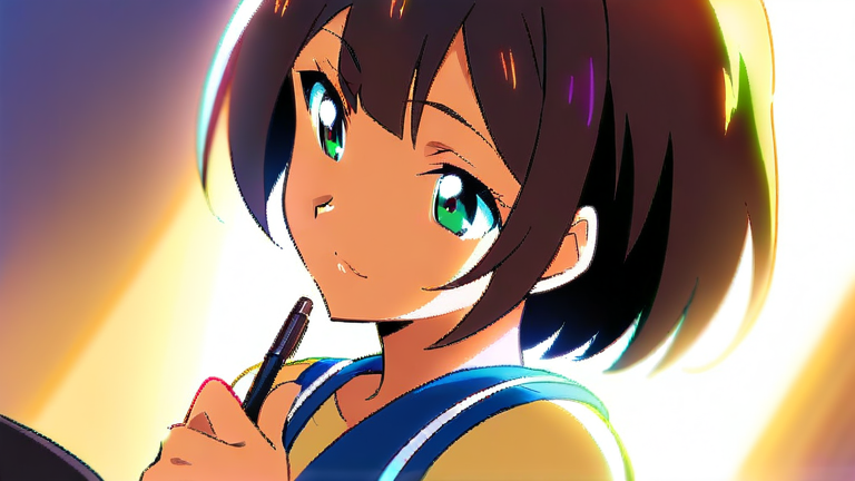 beautiful anime girl with a thoughtful expression, holding a pen and looking at a calendar