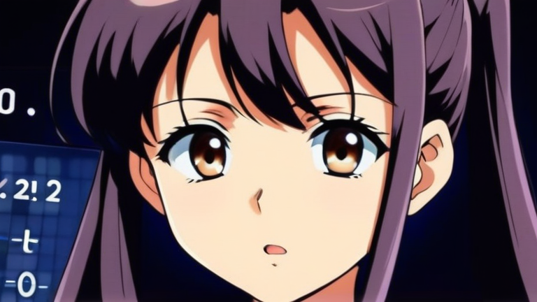 cute anime girl looking at a calculator with a worried expression, thinking hard about complex numbers