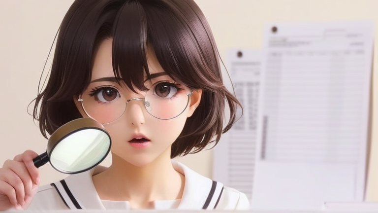 cute anime girl with a magnifying glass, focusing on tiny numbers, serious expression, tax documents in background