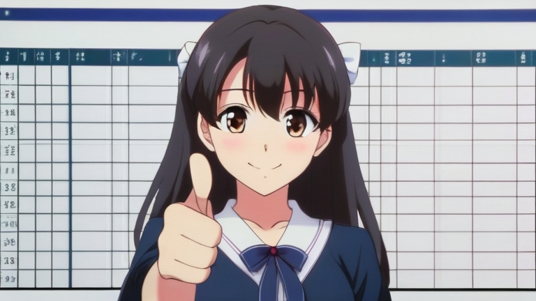 cute anime girl giving a thumbs up, confident smile, standing in front of a spreadsheet with "success" written