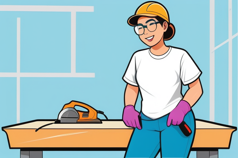 A set of essential DIY tools laid out on a workbench, including an impact driver, orbital sander, circular saw, and pressure washer, with safety glasses and gloves nearby. The tools are clean and appear ready for use.