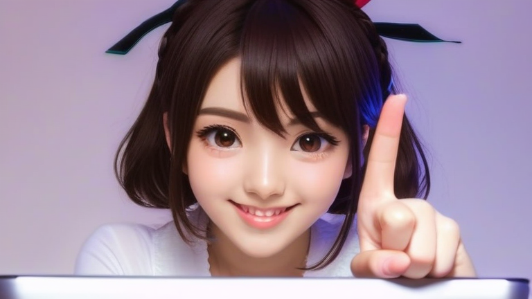 cute anime girl holding a laptop, happy smile, pointing finger