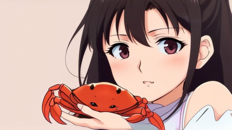cute anime girl thinking hard, holding a crab leg, with a determined expression
