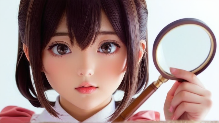cute anime girl holding a magnifying glass, looking determined to help