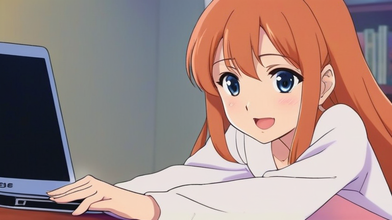 cute anime girl confidently pointing to a laptop screen, giving advice