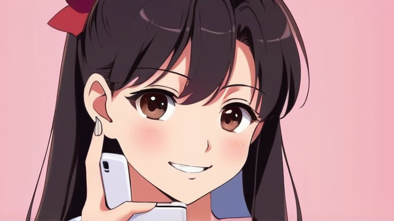cute anime girl holding a smartphone, happy smile, pointing finger