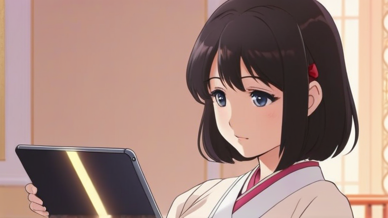 beautiful anime girl in a thoughtful pose, holding a tablet displaying various products, looking curious