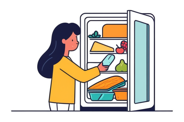 A mother and child happily opening a freezer full of diverse, clearly labeled food items, emphasizing safety and convenience for children with allergies.