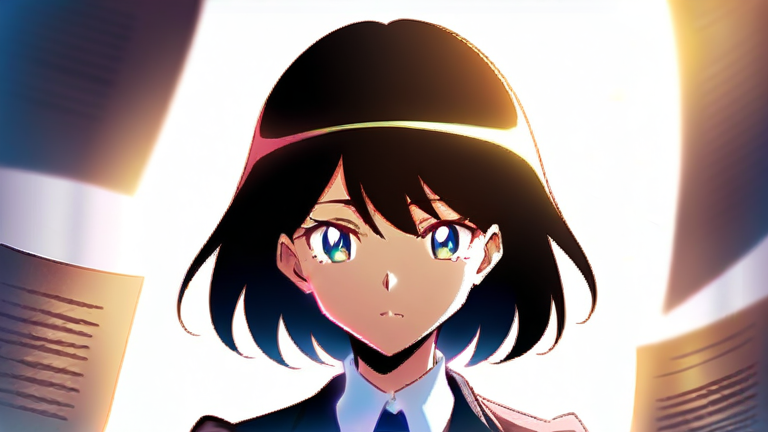 beautiful anime girl looking thoughtful, holding a small notepad and pen, surrounded by various financial documents