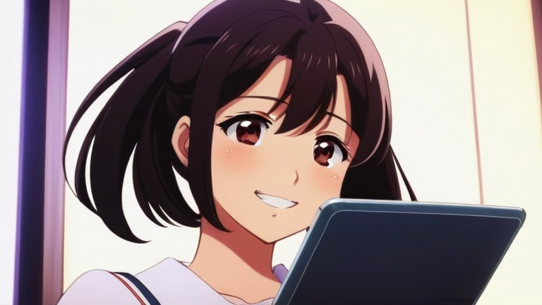 cute anime girl looking relieved, holding a tablet with a graph, smiling brightly