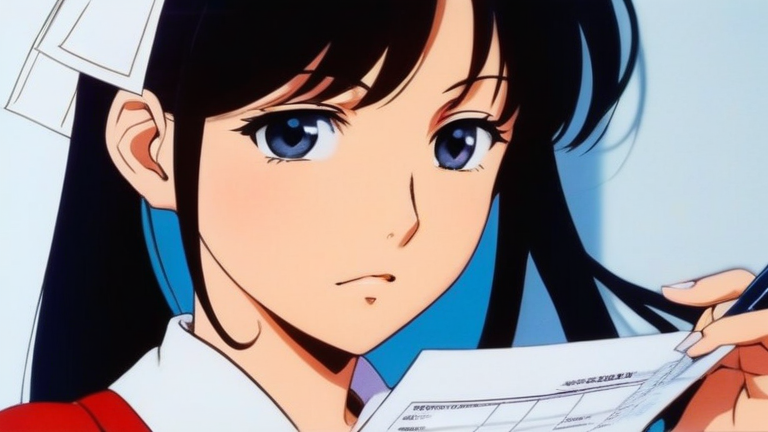 beautiful anime girl thinking, holding a tax form and a pen, slightly confused but determined