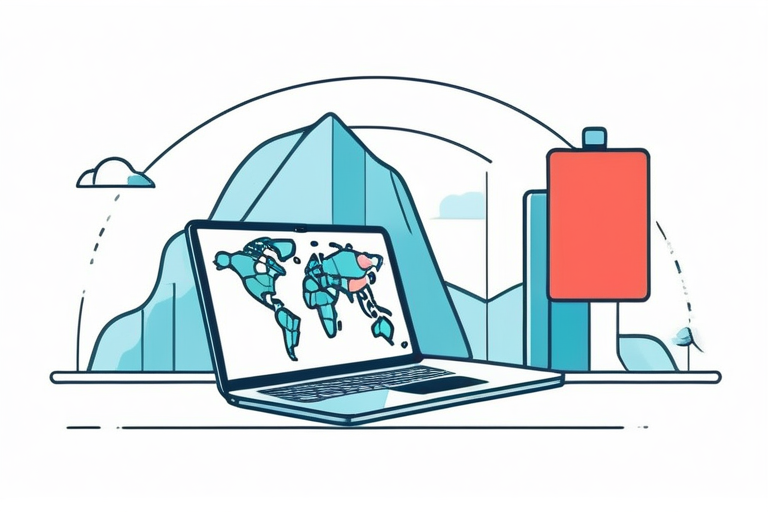 An illustration of a person using a laptop with a VPN connection, showing a map with data flowing from an overseas location to Japan, highlighting the concept of IP address masking.