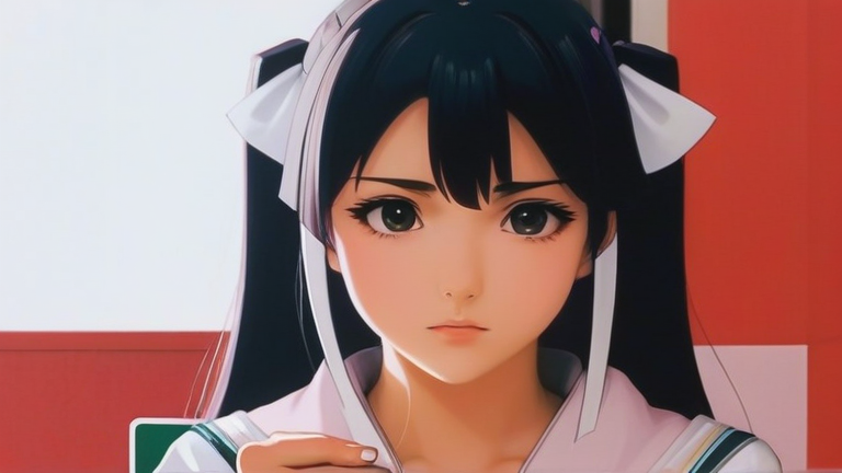 beautiful anime girl looking troubled, thinking pose, holding a credit card