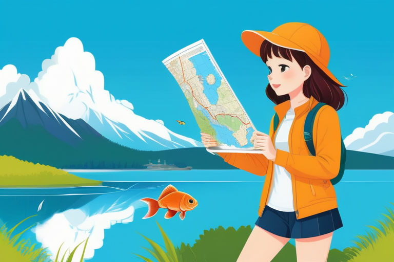 A stylized illustration of a person looking at a map with various icons representing environmental protection, surrounded by images of rare freshwater fish and a magnifying glass.