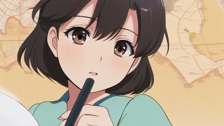 cute anime girl holding a magnifying glass, curious expression, looking at a map