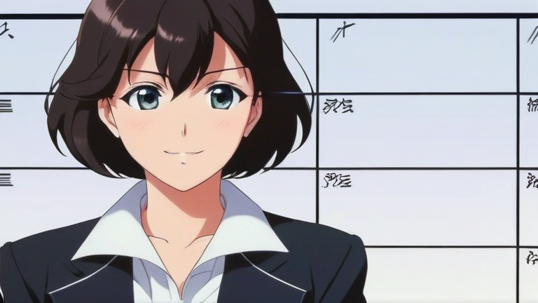 beautiful anime girl in a business suit, pointing at a comparison chart, confident smile