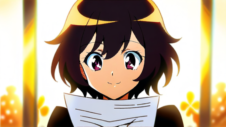 cute anime girl explaining tax forms clearly, pointing at a paper with a pen, confident smile