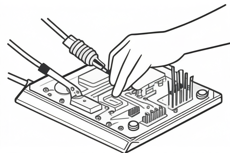 A close-up shot of a hand soldering components onto a circuit board, with an Arduino-compatible board and various electronic components visible in the background, emphasizing precision and the hands-on nature of electronic crafting.