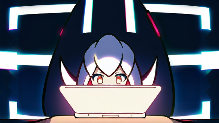 cute anime girl looking at a laptop with a thoughtful expression, holding a pen, surrounded by charts and data