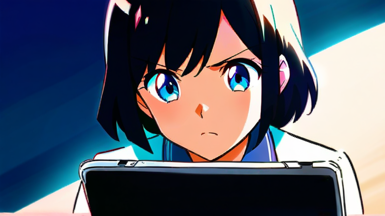 beautiful anime girl with a magnifying glass, analyzing a product description on a tablet, serious and focused