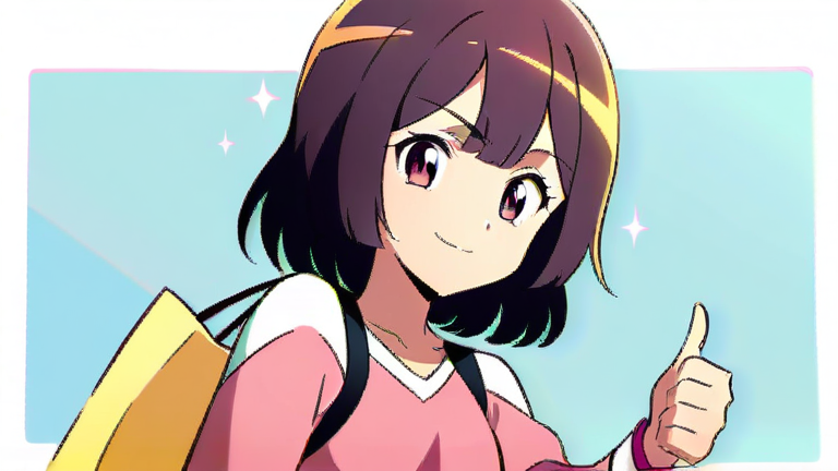 cute anime girl giving a thumbs up, happy and confident smile, holding a shopping bag