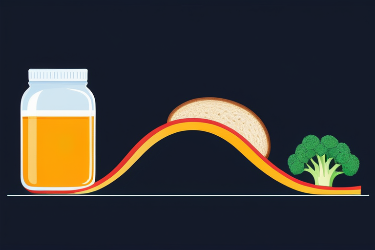 イラストで分かりやすく描かれたGI値と血糖値の関係性。低GI食品と高GI食品を比較し、血糖値の穏やかな上昇と急激な上昇を示すグラフ。