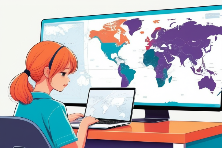 A person looking at a laptop with world map overlay, symbolizing overseas residence and online activities.