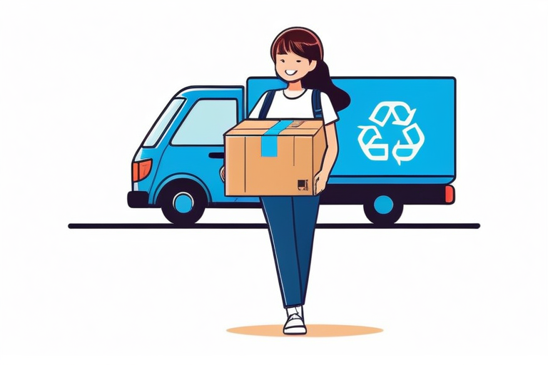 Various eco-friendly packaging materials like recycled cardboard, compostable mailers, and reusable bags, alongside delivery trucks with electric vehicle symbols, representing sustainable logistics.