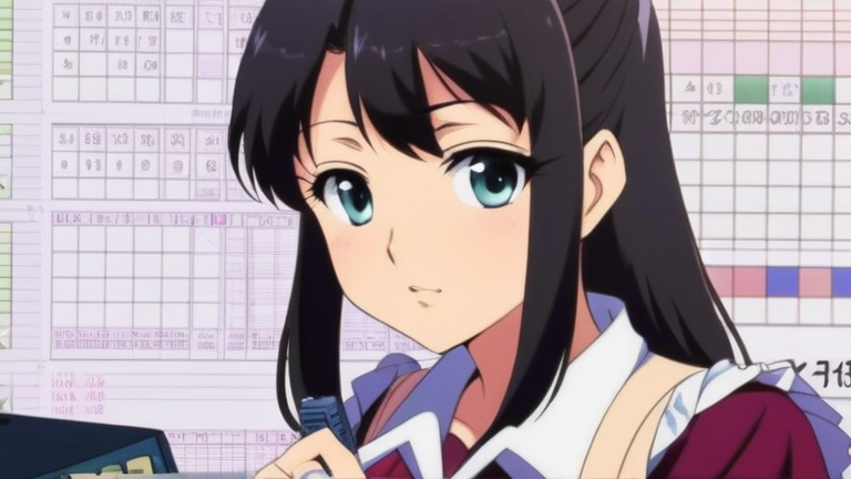 a beautiful anime girl looking determined, holding a calculator and a pen, surrounded by charts and numbers, professional office setting