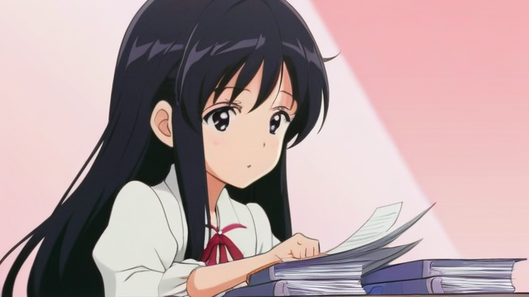 beautiful anime girl with a thoughtful expression, looking at a stack of documents, financial planning, serious