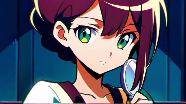 beautiful anime girl in a thoughtful pose, holding a magnifying glass and looking at a product label