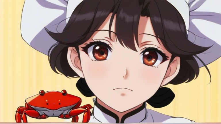 beautiful anime girl in a chef hat looking at a crab with curious expression, thinking about how to peel it