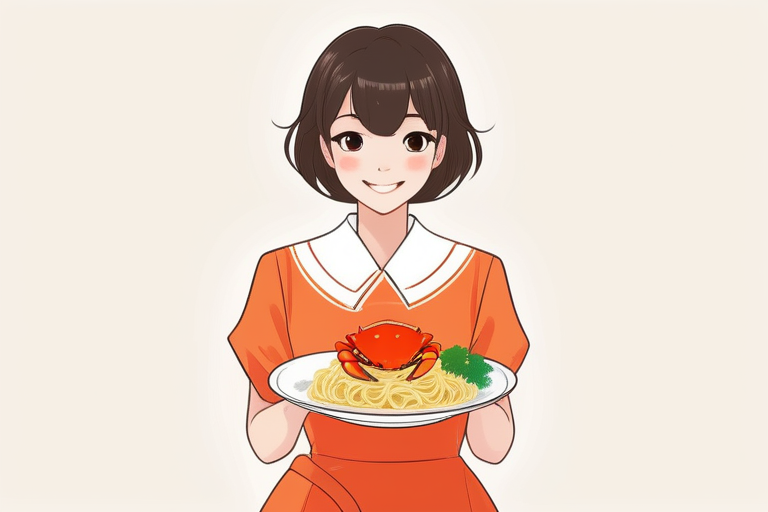 An elegant overhead shot of a creamy pasta dish with vibrant orange crab roe (uchiko) scattered on top, garnished with fresh herbs, suggesting a gourmet meal.